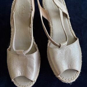 Clark wedge peep-toe shoes in metallic taupe (color in photo is very accurate)